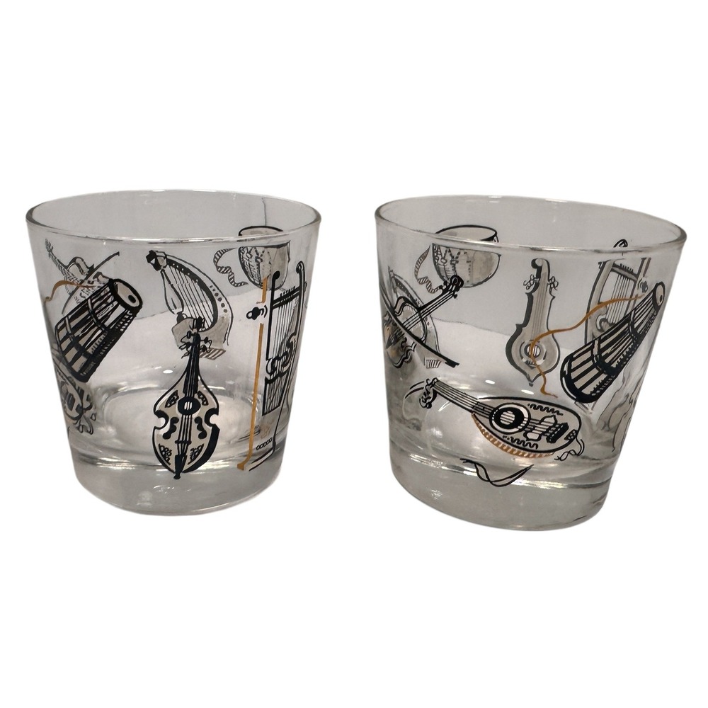 Vintage Mid Century Modern Musical Instrument Rocks Glasses Set of 2 MCM Barware